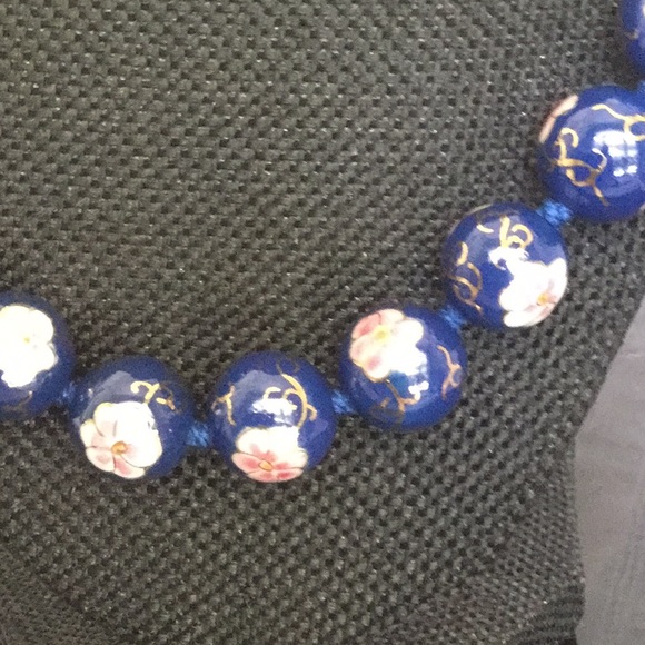 Vtg22”Round13mmBlueSolidHandPaint W/Flower&GldJap - Picture 2 of 7